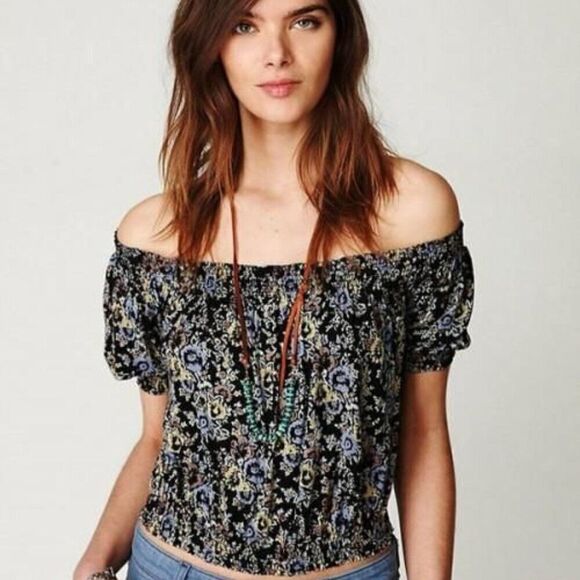 Free People XS Gypsy Off Shoulder Top Blouse Boho Coquette Peasant CottageCore - Picture 1 of 9